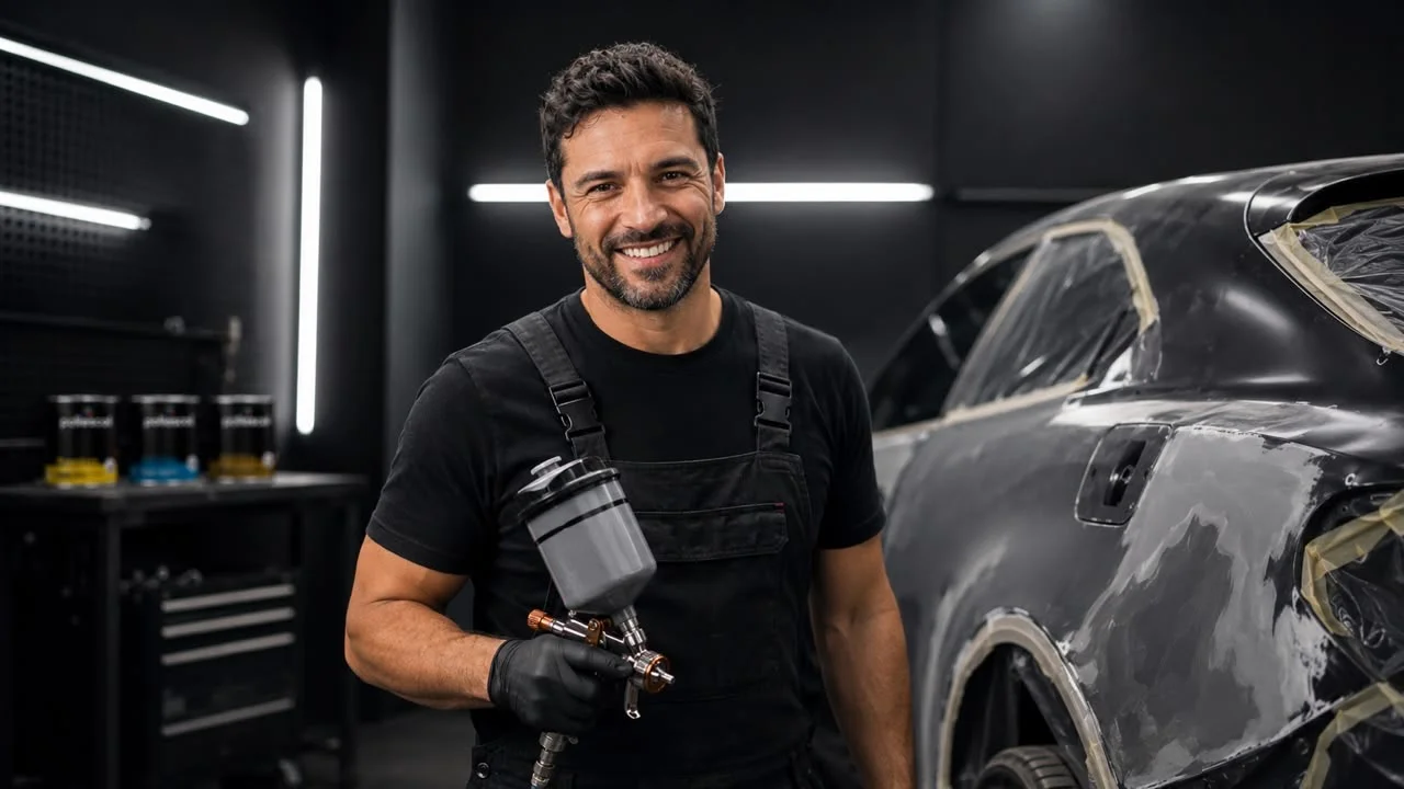 Técnico automotriz sonriente sosteniendo una pistola de pintura junto a un vehículo en preparación en un taller Poliescol.